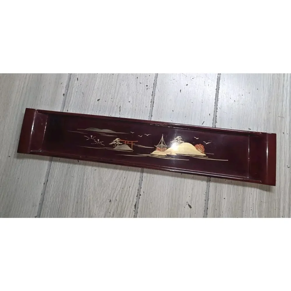 VTG Imaoka Trading Co Japan AIZU Sake Set 6 Cups Tray Deep Red Gold Beach Scene